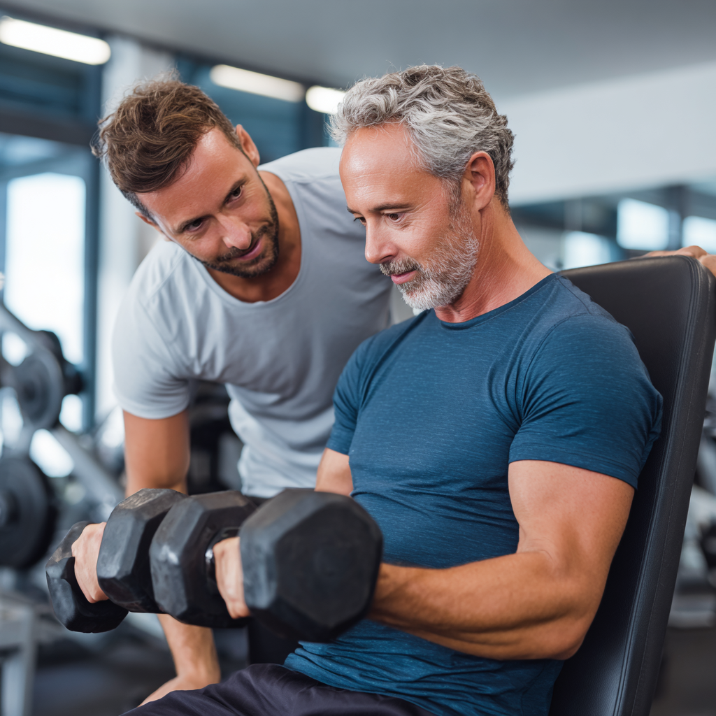 Професійний європейський тренер демонструє правильну техніку виконання вправ у просторому фітнес-залі